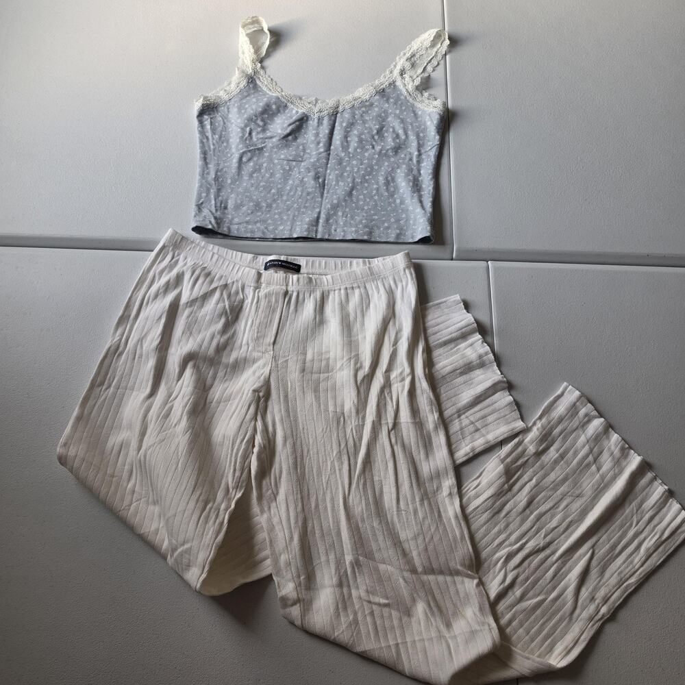 Brandy Melville Tank Pants Set Pajamas Lounge One Size Blue White Floral Lace